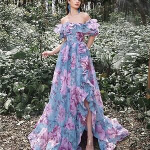Romantic Off-Shoulder High-Low Floral Dress in Blue and Pink